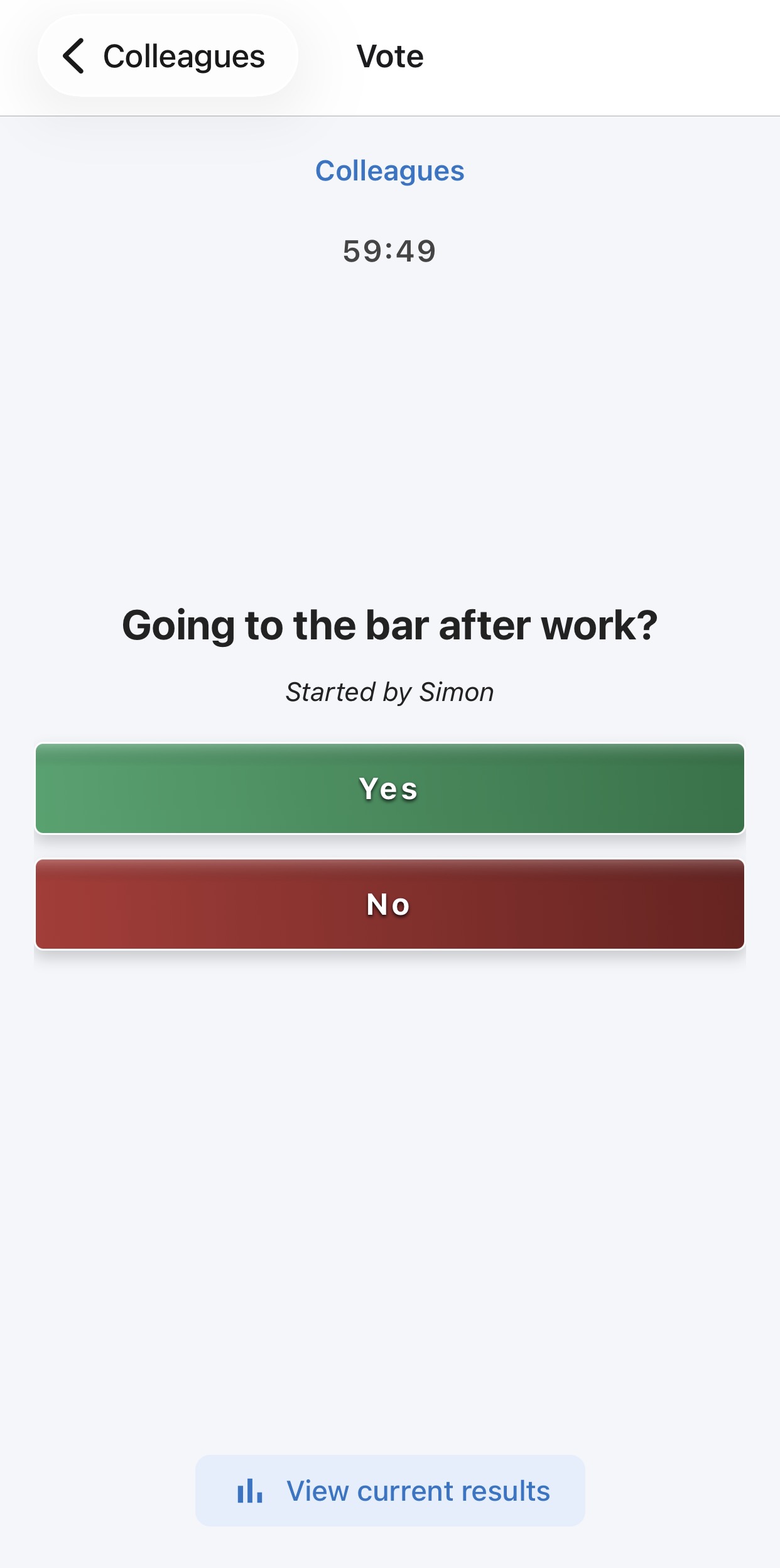 Klich live poll results screen with team votes