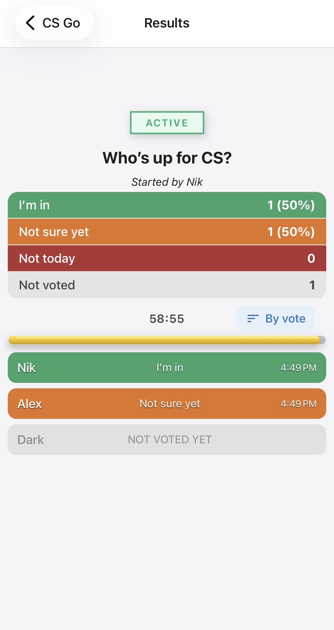 Klich live results screen showing who is in for the game